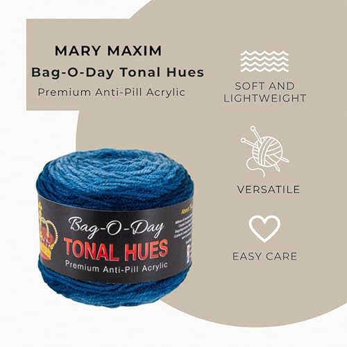 Mary Maxim Bag-O-Day Tonal Hues Ombre Yarn for Crocheting and Knitting, Medium Worsted Weight Anti-Pilling Acrylic Yarn Cake - 280 Yards, 5.3 OZ, Melancholy Blue - color: Melancholy Blue