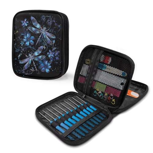 Hechitok Dragonfly Flower Empty Crochet Hook Case Portable Travel Crochet Storage Bag Organizer Zipper Bags with Web Pocket and Crochet Holder Slots for Crochet Knitting Accessories - color: Dragonfly Flower