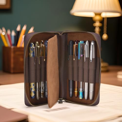 Fountain Pen Leather Pen Case 10 Divided Slots, Rollerball Pen Holder Handmade Display Organizer Zippered Pouch - color: Coffee