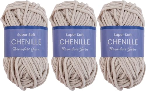 ThreadArt 3 Pack Chenille Yarn for Crochet, #5, Natural | Super soft plush chenille yarn for crochet, knitting, amigurumi, blankets and toys. Fluffy #5 weight, 50g/60yd skeins. - color: NATURAL, size: 3 PACK
