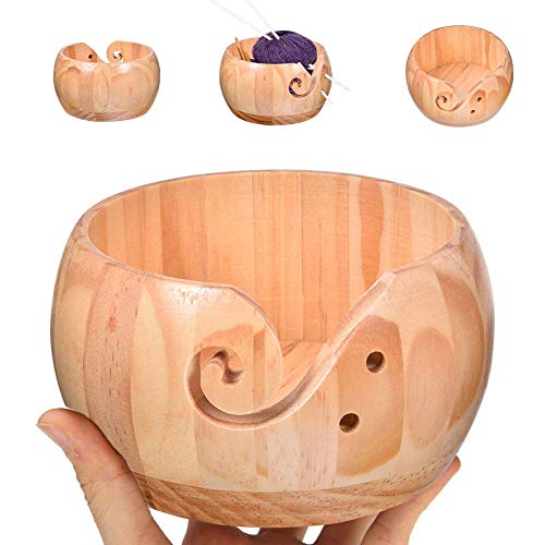 Wooden Crafted Yarn Ball Storage Bowl with Carved Holes and Drills Holes Wooden Yarn Bowl for Crocheting Knitting Accessories DIY Crafts (B) - color: B
