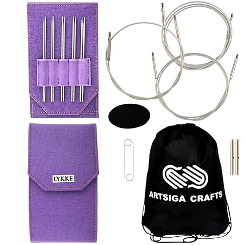 Lykke Flight Lace 5-Inch Interchangeable Circular Knitting Needle Set | Mini US 0, 1, 1.5, 2, 2.5 Purple Case, Stainless Steel, Sharp Points, No-Memory Swivel Cables, Project Bag - color: Purple