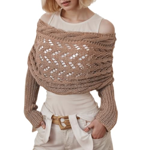 Sweater Scarf with Sleeves for Women Multi-Use Knitted Cable Wrap Shrugs Crochet Fashion Shawl Cape - color: Khaki, size: 102''/260cm