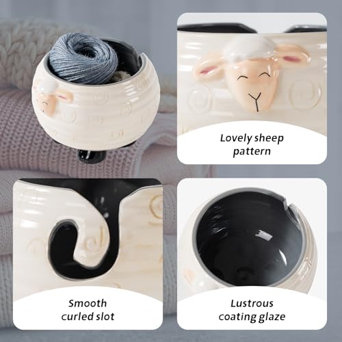 Yarn Bowl for Crochet Large Sheep Shaped Ceramic Yarn Holder Crochet Bowl Knitting Bowl, 6 Inch Wide x 4 Inch High - color: White 086