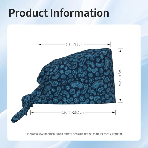 MOLIAN Dental Tooth Adjustable Working Cap Surgical Headgear for Women Men | Adjustable Tie Back Scrub Caps with Button Built-in Sweatband Working Cap for Nurses Doctors and Workers - color: Blue Microorganism