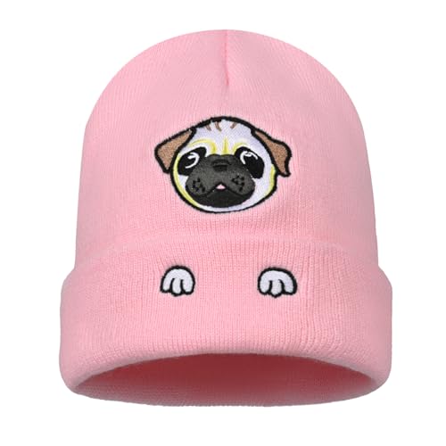 Personality Animal Head Embroidery Knit Beanie Hat for Adult and Big Kids Winter Warm Skull Cuffed Hats - color: Dog 2-pink