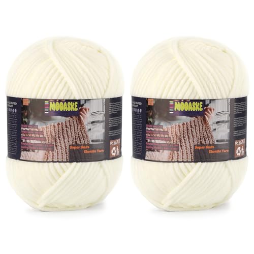 Chenille Yarn for Crocheting, White Baby Blanket Fluffy Yarn for Crochet | 2 Pack 524 Yds, 14 Oz Ultra Soft Yarn for Crocheting, Fuzzy Chunky Yarns, Plush Velvet Yarn for Knitting Amigurumi, Blankets - color: Milky White, size: 2 Skeins