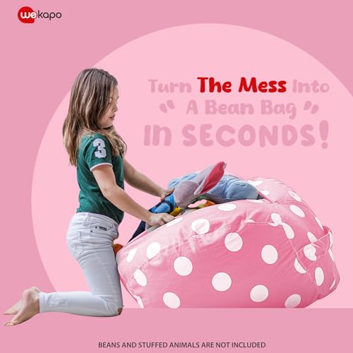 WEKAPO Stuffed Animal Storage Bean Bag Chair Cover for Kids | Stuffable Zipper Beanbag for Organizing Children Plush Toys Large Premium Cotton Canvas (Pink Dot, XX-Large) - color: Pink Dot, size: XX-Large