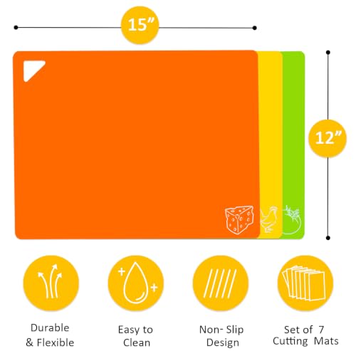 7 Pieces Plastic Flexible Cutting Boards for Kitchen, BPA- Free,15"x12" | Non Slip Cutting Mats with Food Icons, Easy-Grip Handles - color: Bright Colors