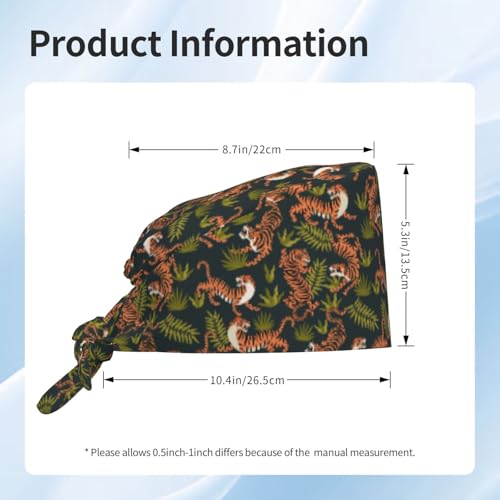 MOLIAN Dental Tooth Adjustable Working Cap Surgical Headgear for Women Men | Adjustable Tie Back Scrub Caps with Button Built-in Sweatband Working Cap for Nurses Doctors and Workers - color: Bengal Tigers and Leaves
