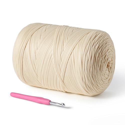 (800g/228yds) T Shirt Yarn, Soft Tshirt Crochet Yarn for Crafts and DIY Knitting Crocheting Cloth/Bag/Basket/Coaster, 100% Polyeste Elastic Fabric Chunky Thick Yans（Beige） - color: Beige