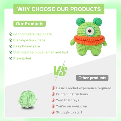 Autglint Monster Crochet Kit for Complete Beginners, Amigurumi Animal Starter Kit with Detailed Video Tutorials, Learn to Crochet Kit with Non-Split Pre-Started Yarn - Green Monster - style: Monster