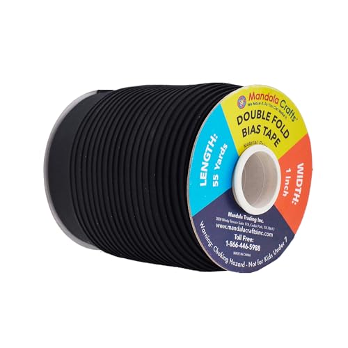 Mandala Crafts 55 Yds 1 Inch Black Double Fold Bias Tape for Sewing | Machine Washable Binding Tape for Quilting, Hemming, Seams, Fabric Piping, All Fabrics & Denim, Indoor & Outdoor - color: Black, size: 1 Inch 55 Yards