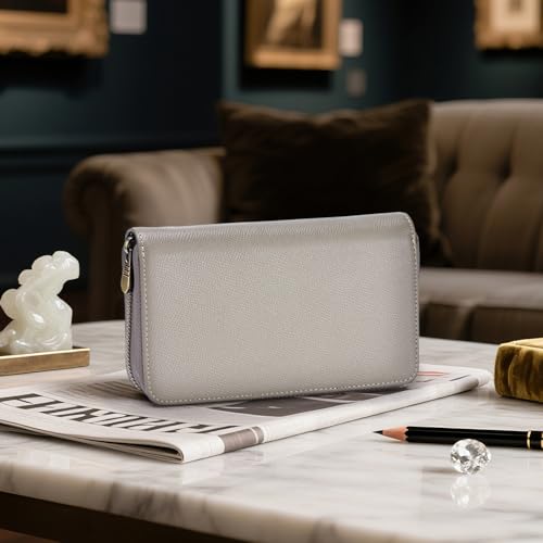 Fountain Pen Leather Pen Case 10 Divided Slots, Rollerball Pen Holder Handmade Display Organizer Zippered Pouch - color: Gray