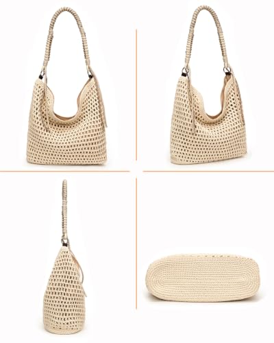 Herald Crochet Beach Hobo Shoulder Purse Tote Bag Handbag for Women | Soft Woven Knit, Bohemian Slouchy Style, Zipper Closure ,Large Capacity, For Daily, Spring Summer Beach Vacation, Travel - color: Beige