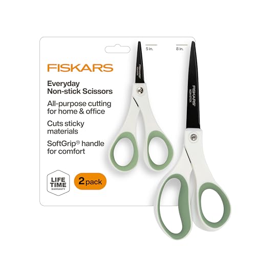 Fiskars 8" & 5" Everyday NonStick SoftGrip All Purpose Scissors Set, 2-Pack | Ideal For Cutting Sticky Materials like Tape & Glue, Ergonomic SoftGrip Handles for Home, Office & Crafts, White & Green