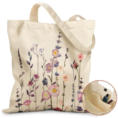 Miss Adola Aesthetic Tote Bag for Girls - with Magnetic Buckle and Zipper Inner Pocket for Women Lady Canvas Cotton Tote Bag - color: Purple Flower