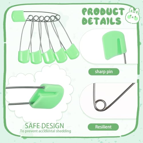 WILLBOND 50 Pcs Large Safety Pins for Clothes,with Bag, Light Green | Plastic Head with Locking Closures, Heavy Duty Nappy Pins Hooks, 2.2 Inch Fasteners, Stainless Steel, Velvet Bag - color: Light Green