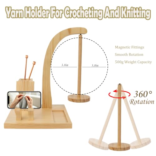 Yarn Holder for Crocheting Knitting,Wooden Magnetic Rotating Yarn Spinner Stand,Anti-Slip Base & Storage,Tangle Free Dispenser,Crochet Accessories Birthday Gift for Women Mom Wife Grandma (Natural)