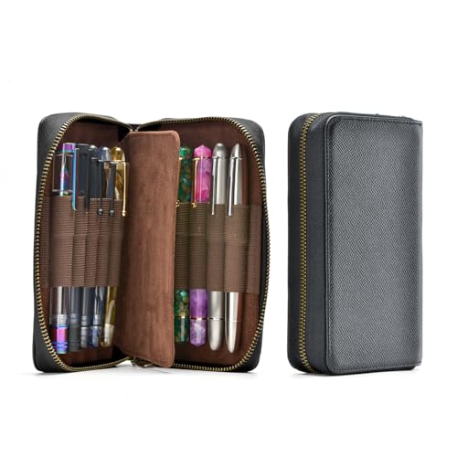 Fountain Pen Leather Pen Case 10 Divided Slots, Rollerball Pen Holder Handmade Display Organizer Zippered Pouch - color: Black