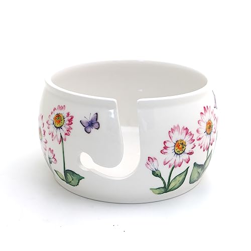 Daisy Ceramic yarn bowl, pink daisies LennyMud by Lorrie Veasey
