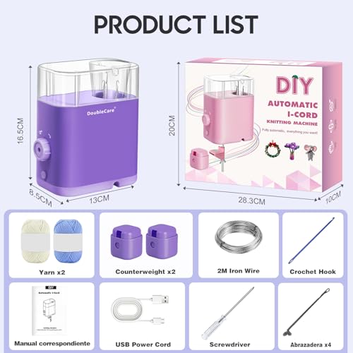 Automatic i Cord Knitting Machine, with 2 Rolls Yarns,1 Roll 2M Iron Wire | Hands-Free Highly Knitting Tools, Fast DIY Craft Projects, Purple