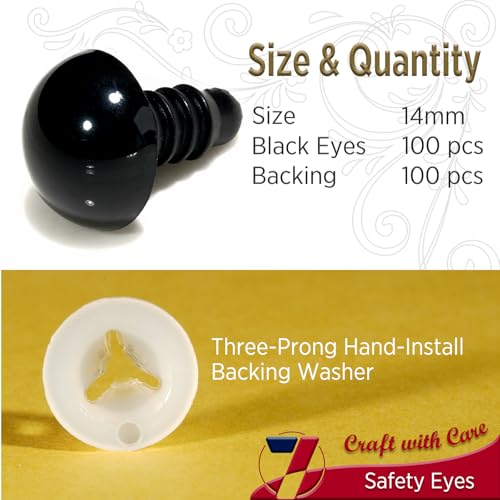 SEVENSUN 14mm Safety Eyes for Crocheting, 200pcs Black Crochet Eyes for Crochet Animals, amigurumi Eyes for Crafts, Craft Doll Eyes for amigurumi Stuffed Animals Eyes - size: 14mm
