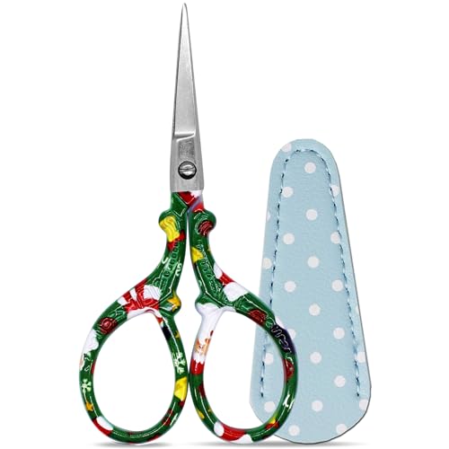3.6 inch Scissors with Sheath for Embroidery Knitting Craft Yarn | Stainless Steel Scissors with Leather Scissor Cover Little Straight Stainless Steel Pointed Tip Shears for Thread Cutting - color: Green Christmas