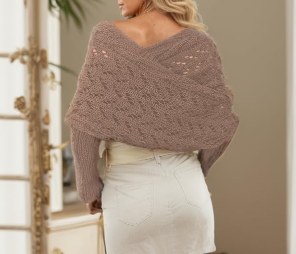 Sweater Scarf with Sleeves for Women Multi-Use Knitted Cable Wrap Shrugs Crochet Fashion Shawl Cape - color: Khaki, size: 102''/260cm