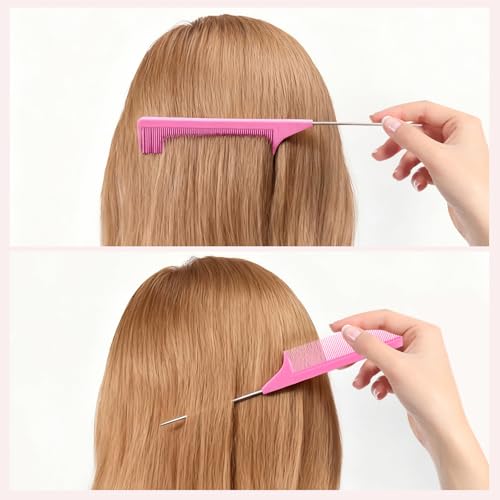 6PCS Rat Tail Combs Set, Parting Fine Tooth Combs with Metal Pick for Braiding Hair Women/Men Highlighting and Parting(Purple, Black, Pink) - color: Purple+ Black+Pink