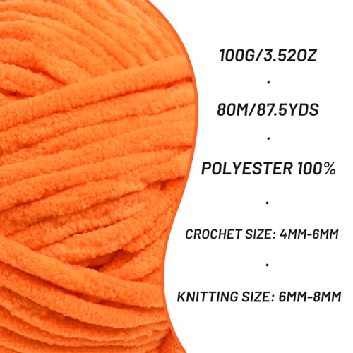 3 Pack Fluffy Chenille Yarn for Crocheting, Chunky Velvet Yarns for Crochet Amigurumi, Baby Yarn for Crocheting Soft Blanket, 262.4yds /10.5 oz Bulky Yarns for Crafts/Hats/Shoes/Socks (3 Orange) - color: 3 Orange