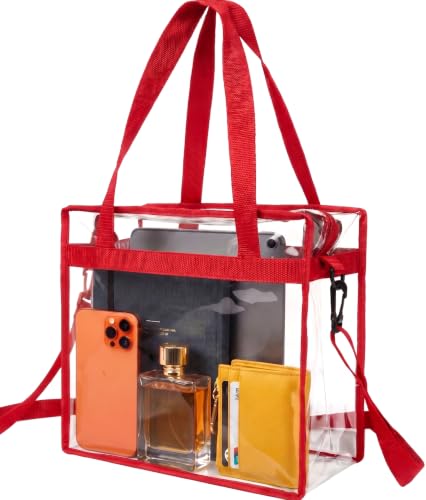 Handy Laundry Clear Bag 12x6x12 Stadium Approved Tote, Zipper Strap | PVC Clear Stadium Tote, Zipper Top, Shoulder Straps, 12x6x12 Meets Tournament Guidelines, for Concerts Work Sports - color: Red
