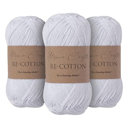 Re-Cotton Knitting Yarn 3X 100g / 3.52oz (White, 3 Pack) - color: White