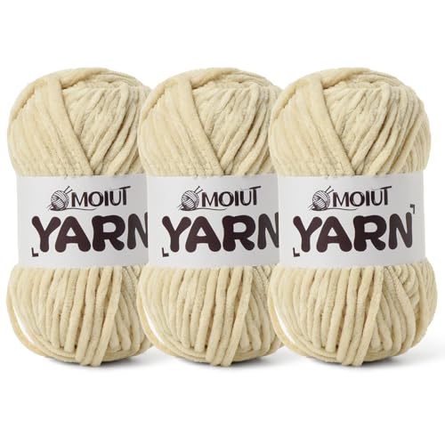 3 Pack Fluffy Chenille Yarn for Crocheting, Chunky Velvet Yarns for Crochet Amigurumi, Baby Yarn for Crocheting Soft Blanket, 262.4yds /10.5 oz Bulky Yarns for Crafts/Hats/Shoes/Socks (3 Beige) - color: 3 Beige