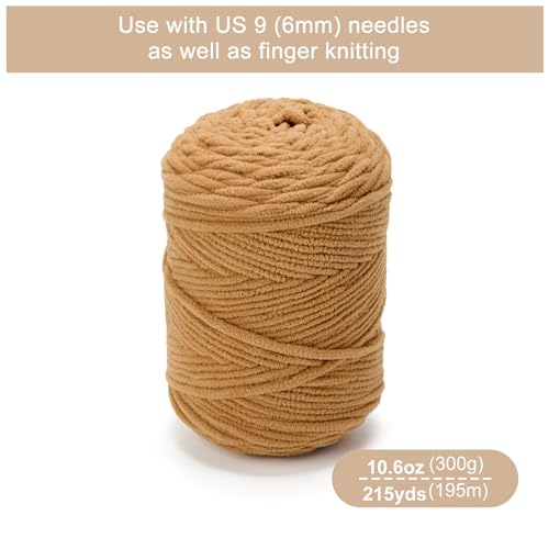 Chunky Chenille Yarn #6 Super Bulky Soft Fluffy Crochet | Easy care & beginner-friendly. Choose 0.66lb or 1.76lb. Perfect for blankets, hats, scarves, home decor. Machine washable. - color: Brown, size: 0.66LB/215yds
