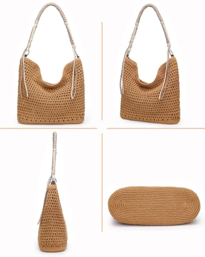 Herald Crochet Beach Hobo Shoulder Purse Tote Bag Handbag for Women | Soft Woven Knit, Bohemian Slouchy Style, Zipper Closure ,Large Capacity, For Daily, Spring Summer Beach Vacation, Travel - color: Brown