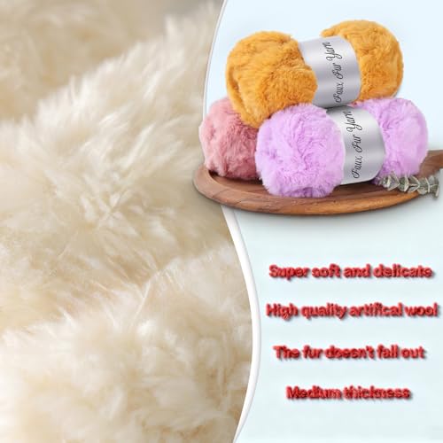 3 Skeins Faux Fur Yarn Soft Fluffy for Crocheting,Chunky Fuzzy Eyelash Yarn for Crochet Hats, Scarves, Bags, Cushions(Khaki) - color: Khaki