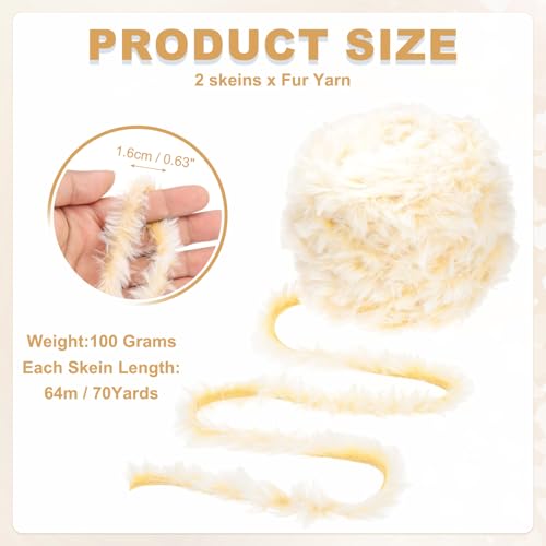 PATIKIL 70 Yards Fur Yarn, 2 Skeins 100 Grams Soft Plush Fluffy Chunky Polyester Faux Fur Eyelash Yarn for Crocheting Hand Knitting Blanket Hats Crochet Crafting, Flower Beige - color: Flower Beige