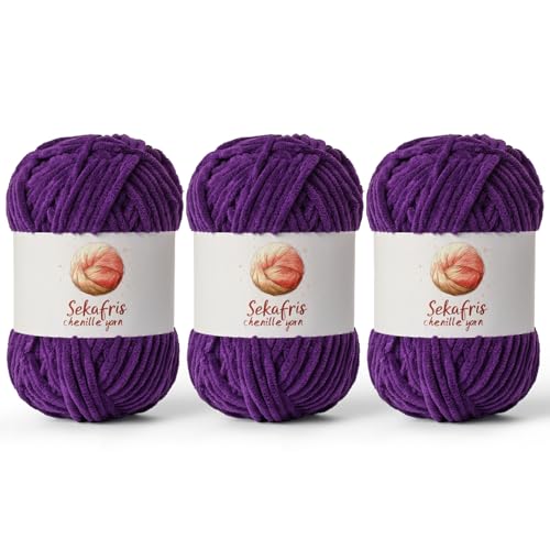 Chenille Yarn for Crocheting, Size 5 Bulky,3 Violet | 300g/393yds Soft Chunky Velvet Yarn for Crochet and Knitting,Fluffy Baby Yarn for Amigurumi,Blankets and DIY Crafts. - color: 3 Violet