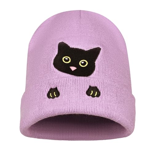 Personality Animal Head Embroidery Knit Beanie Hat for Adult and Big Kids Winter Warm Skull Cuffed Hats - color: Cat-purple