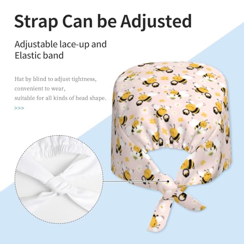 MOLIAN Dental Tooth Adjustable Working Cap Surgical Headgear for Women Men | Adjustable Tie Back Scrub Caps with Button Built-in Sweatband Working Cap for Nurses Doctors and Workers - color: Honeybees and Daisies