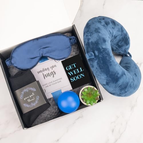Get Well Gifts For Men,Care Package For Men, Get Well Soon Gift Basket | Cozy Blanket, Memory Foam Pillow, Stress Ball, Socks, Eye Mask, Thinking Of You Greeting Card, Plant, Dad, Husband, Brother - style: Men Package