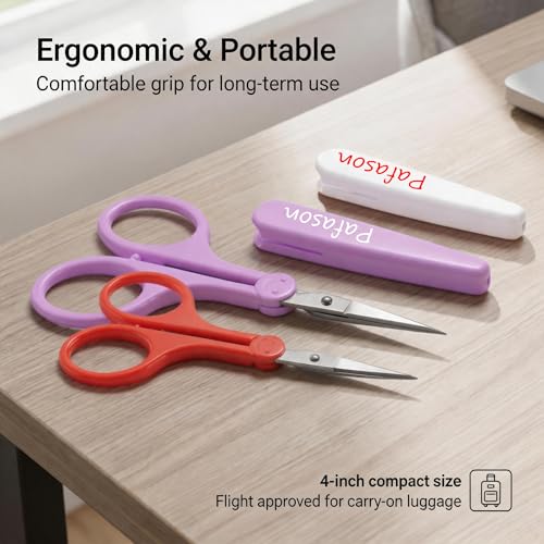 PAFASON Small Travel Sewing Crafting Scissors Set Straight Curved Tip | Stainless Steel for Quilting DIY Knitting Embroidery Cross Stitch Crochet Thread Yarn Paper Detail Cutting Safety Case - color: Curved 3.5in Red + Straight 4in Purple