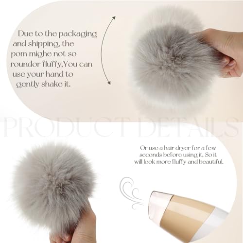 Juinte 8 Pcs 6 Inch Large Fur Pom Pom Balls for Hats Fluffy Faux Fur Pompom Balls with Snap Button for Hat Shoes Scarves Bag Charms DIY Crafts (Gray) - color: Gray