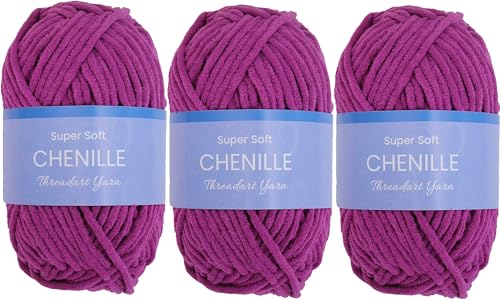 ThreadArt 3 Pack Chenille Yarn for Crochet, #5, Magenta 20 | Super soft plush chenille yarn for crochet, knitting, amigurumi, blankets and toys. Fluffy #5 weight, 50g/60yd skeins. - color: MAGENTA, size: 3 PACK
