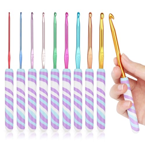 Coopay Warm Crochet Hooks Comfort Grip Longer Aluminum Crochet Hook Set | 9pcs 2.0mm-6.0mm(B-J) Smooth Crochets Needles Set for Crocheting, Short Purple Ripple Handle for Beginners & Arthritic Gifts - color: Short Purple Ripple