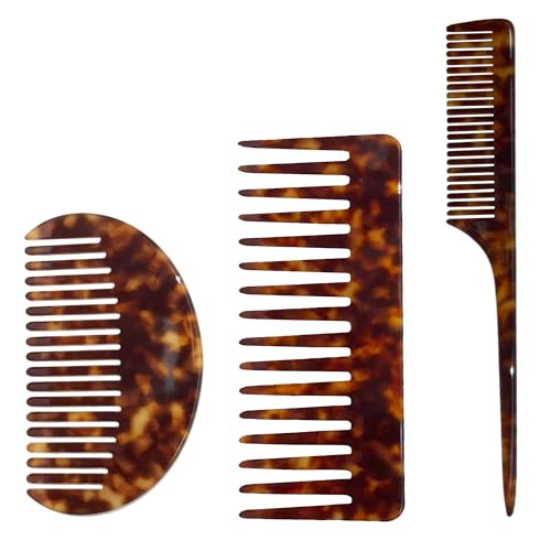 3PCS Wide Tooth Combs & Rat Tail Combs for Women - Acetate Detangling Combs for Bangs, Long, Curly, Thick, Thin, Wet and Dry Hair - Tortoise Shell Fine Tooth Hair Parting Comb for Braiding & Styling - color: Chestnut