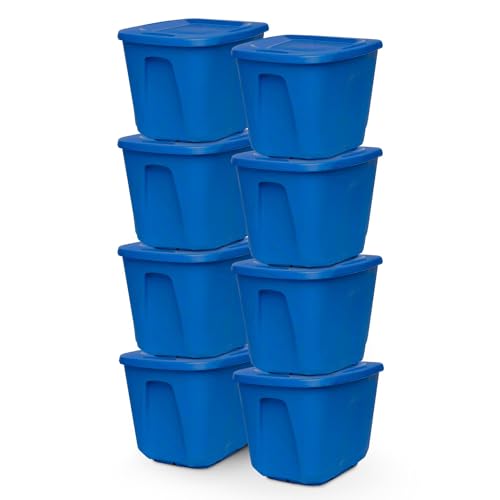HOMZ 8-Pack Durable Molded Bin, Plastic Storage Containers w/Lids, 10 Gallon, Blue - Stackable Organizer Totes and Boxes for Bedroom, Kitchen, and Garage Organization - color: Blue, size: 32 Gallon (8 Pack)