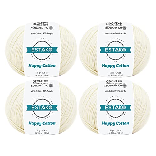 Estako Happy Cotton 60% Cotton 40% Acrylic Yarn, Sport 2, Cream, 4-Pack | soft, fine, 200 g, 720 yds, baby clothes, amigurumi, 2-3 mm hook, summer tops, hats, blankets - color: 4150 - Cream, size: 4 Skeins