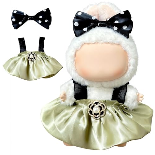 Doll Clothes for Labubu 15cm/17cm Dolls,Outfit for Labubu,Dress and Hairpin Set for Labubu Dolls Cute Stylish Dress Up Set(NO Doll) - color: Olive Green